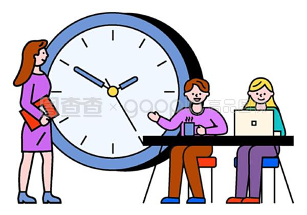 商務咨詢人員和與筆記本電腦的交流。工作時間、工作時間的男女。使用筆記本電腦的工人字符接近時鐘符號,專業團隊合作向量。與筆記本電腦合作的商務咨詢